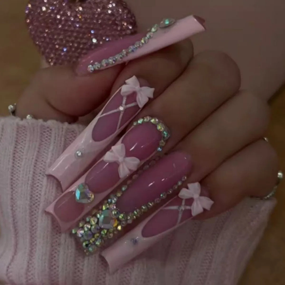 24pcs Long Square False Nails Tips Fashion French Pink Fake Nail Art Glitter Rhinestone Press on Nails Detachable Bow Manicure