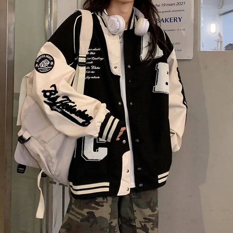 Deeptown Vintage Bomber Jacket Women Harajuku Fashion College Uniform Varsity Baseball Jackets Female Oversized Y2k Streetwear Black