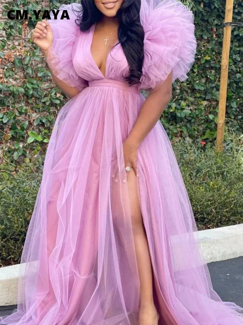 CM.YAYA Women Cascading Ruffles Shoulder High Side Split Mesh Patchwork Maxi Long Dress 2023 sexy even Party Vestidos Dresses