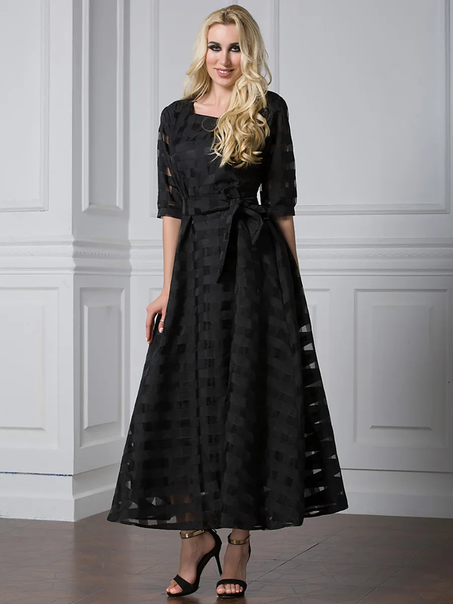 Stylish Muslim Femininity Elegant plus-size women's dress Dubai Arabian vintage summer dress slim A-line plaid dress 9065 Black dress