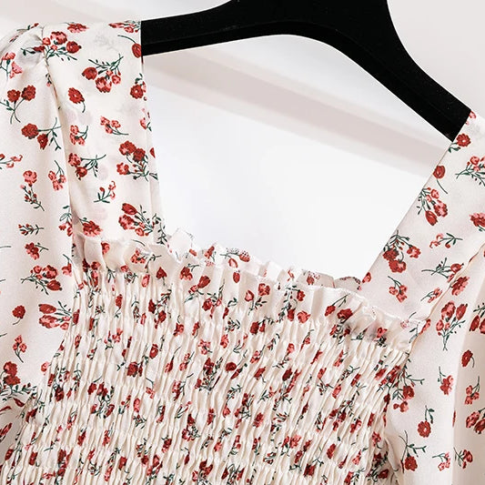 Spring Summer Chiffon Women Dresses Female Short Sleeve Elastic Waist Printed Floral Midi Dress Pleated Backless Casual Dress