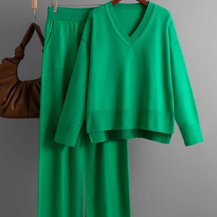 Knitted Sweater 2 Peice Set Women Winter Autumn Warm V-Neck Pullover Straight Jogging Pant Suits Casual Oversize Tracksuit Women green