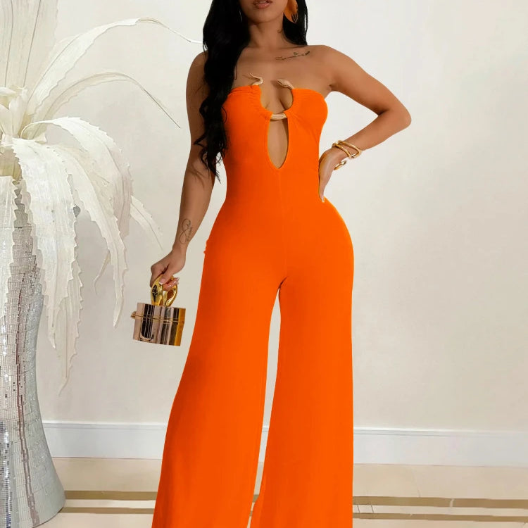 CM.YAYA Women Wide Leg Deep V-Neck Sleeveless Jumpsuits 2024 Summer Hollow Out Night Street Club Playsuit One Piece Suit Romper