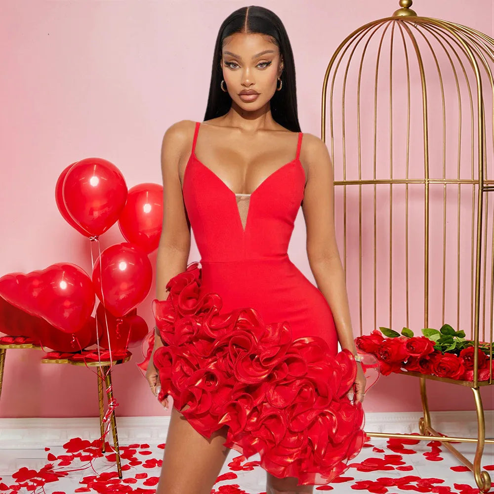 CM.YAYA Women V-neck Strap Mult Ruffles Sleeveless Bodycon Mini Dress Sexy Evening Night Party Club irregular Vestidos Dresses