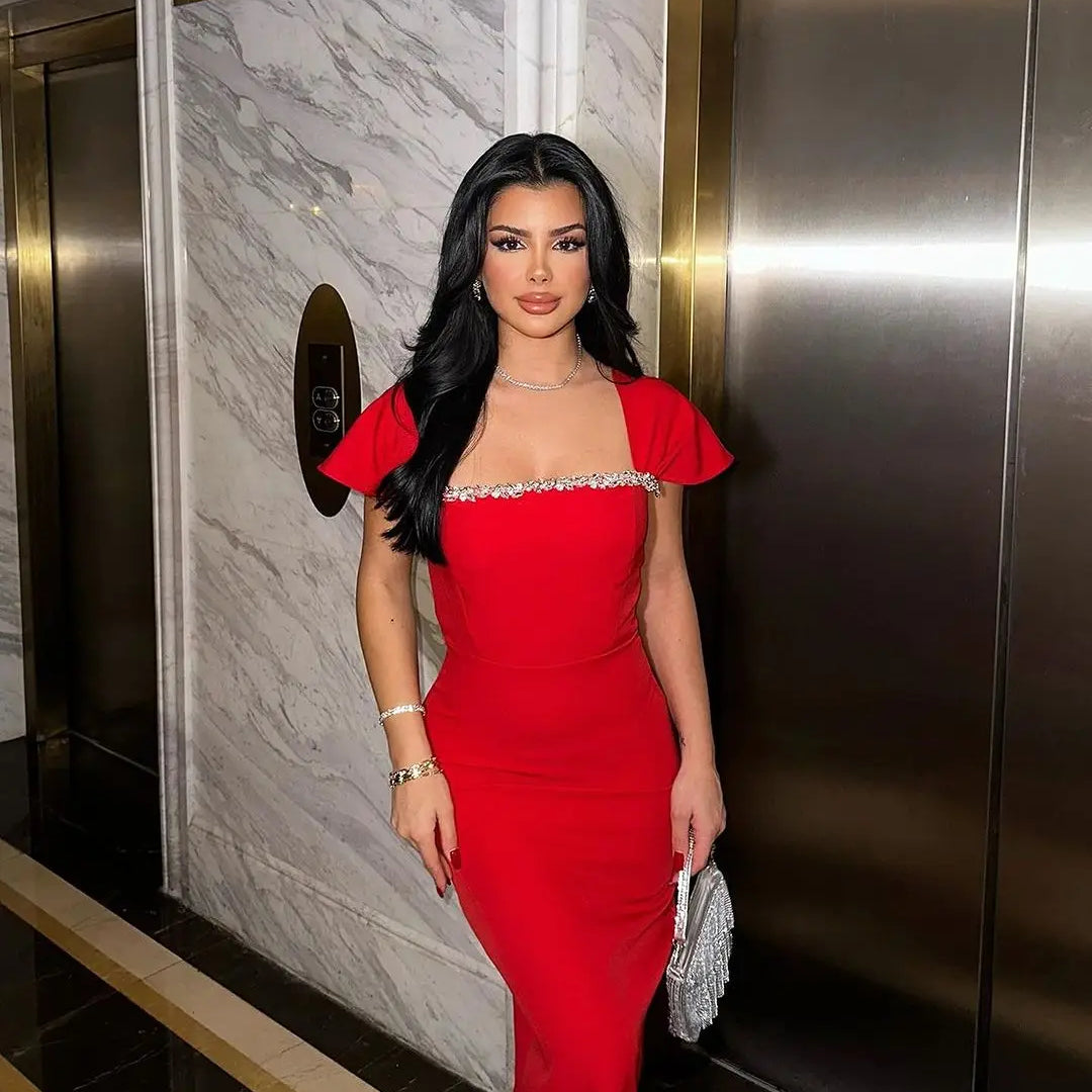 Red Black Women Sexy Square Collar Shinning Crystal Bodycon Bandage Long Dress Fashion Elegant Evening Party Celebrate Wear