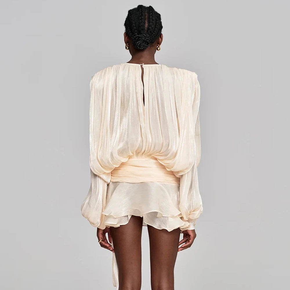 TWOTWINSTYLE Solid Loose Spliced Lace Up Elegant Dresses for Women Round Neck Long Sleeves Patchwork Folds Dress Female Style