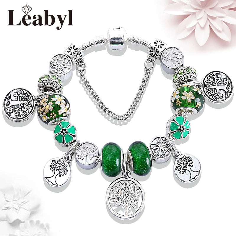 Silver Color Tree of Life Fashion Bead Bracelets Green Leaf Floral Crystal Charm Bracelet & Bangle Pulsera Jewelry 828