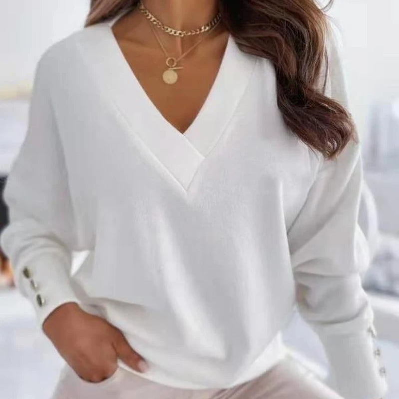 Long Sleeve Knitted Women Sweater V-neck Jumper Office Lady Button Loose Casual Pullover Sweaters WHITE