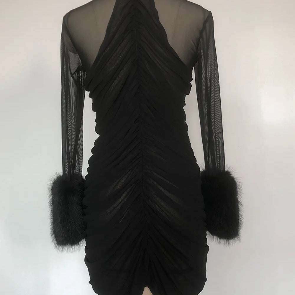 2025 Sexy Women's Patchwork Mesh Dress with High Collar and Hairy Sleeve Design Bodycon Draped Mini Dress Evening Party Vestidos