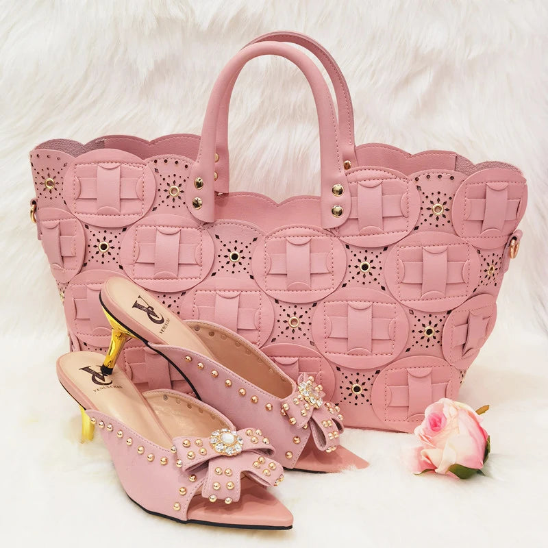 Metal Decoration Party Italian Ladies Shoes and Bags To Match Set Designer Luxury Shoes Women Shoes and Bag Sets for Women 913-pink