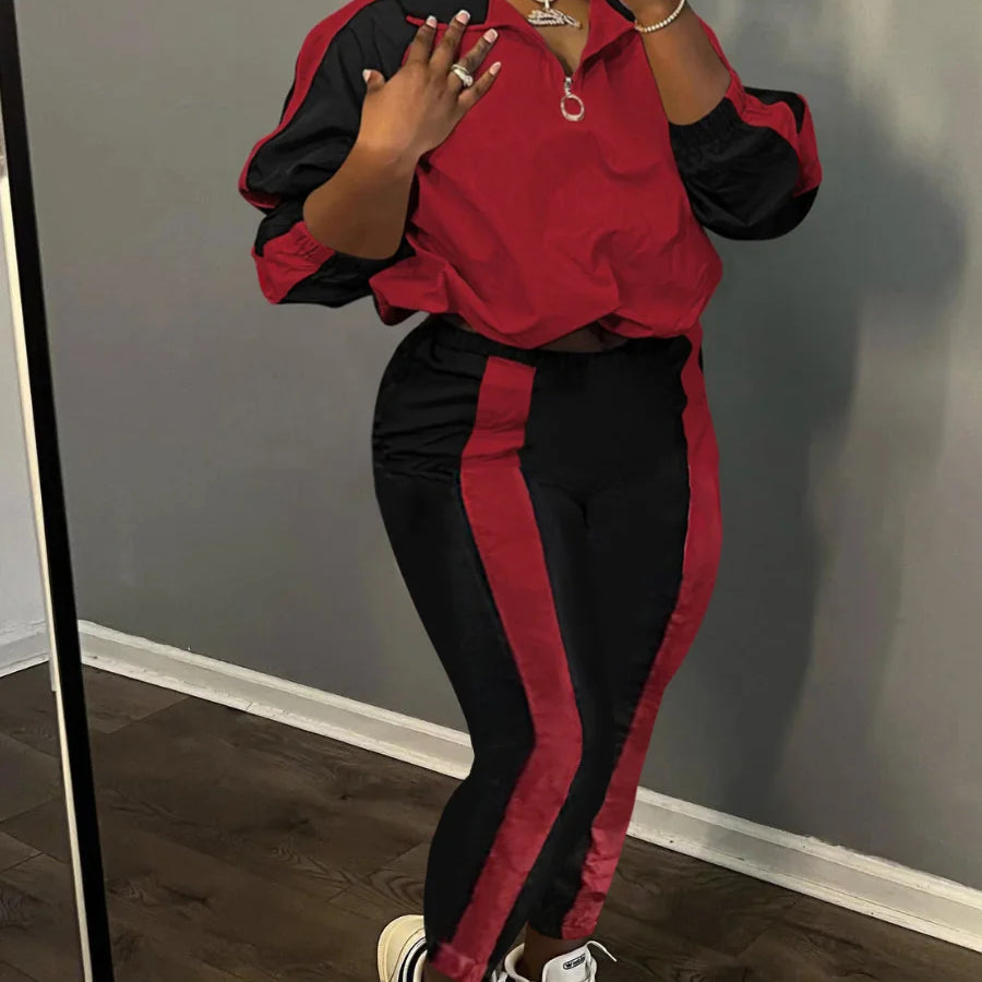 4XL 5XL LW Plus Size Striped Patchwork Zipper Design Pants Set Autumn&Winter Women Mandarin Collar Pocket Tracksuit Set