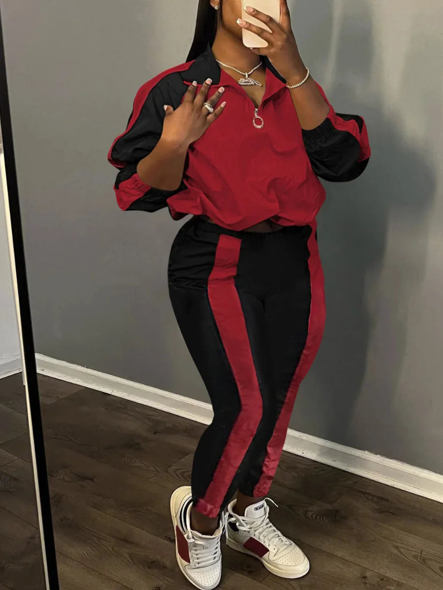 4XL 5XL LW Plus Size Striped Patchwork Zipper Design Pants Set Autumn&Winter Women Mandarin Collar Pocket Tracksuit Set