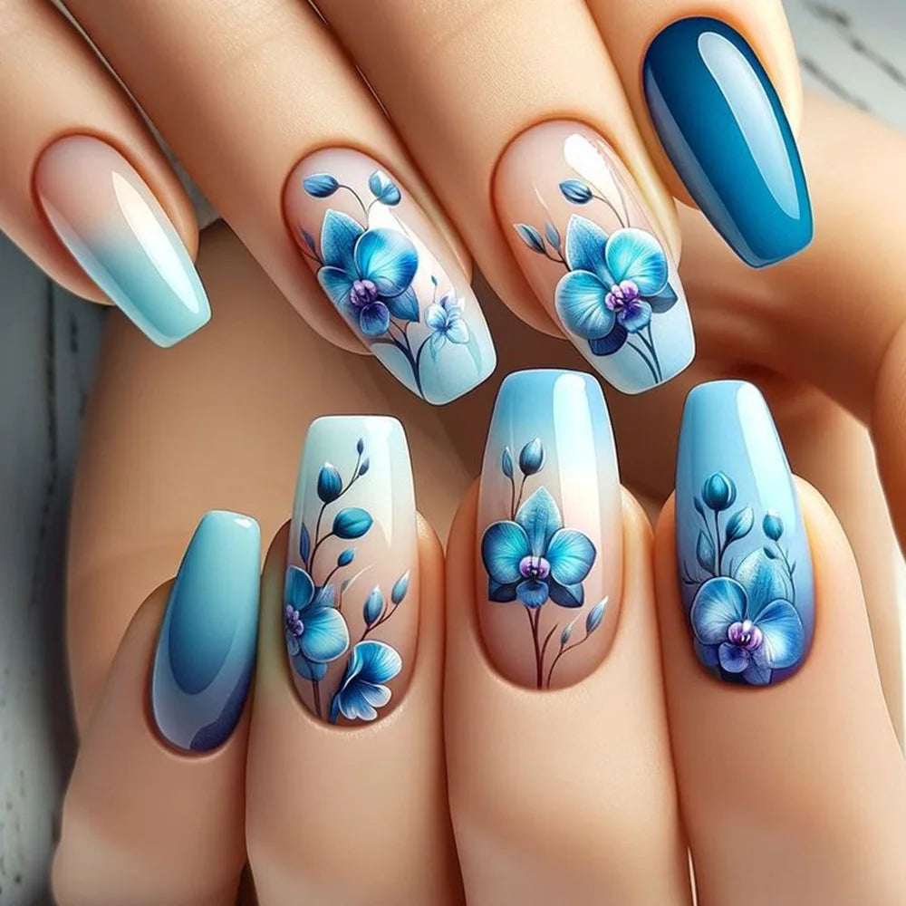 24Pcs Fake Nails Mid-length Ballet Press on False Nails with Blue Flowers Design Fashion Nails Set Detachable Nail Spring/Summer