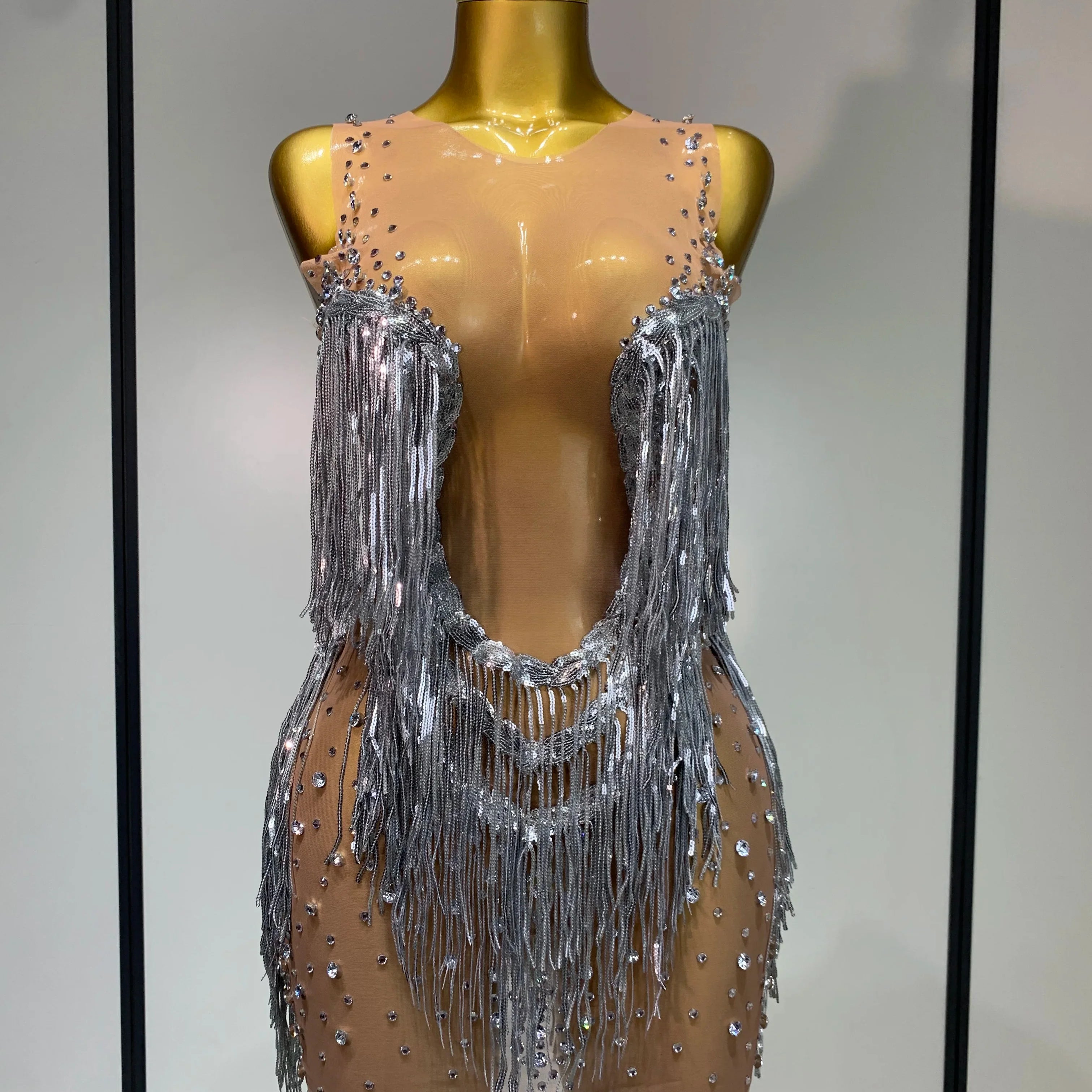 Luxury Rhinestones Tassels Mini Dress Suit Women Sexy See Through Mesh Birthday Party Club Dresses Performance Stage Outfit