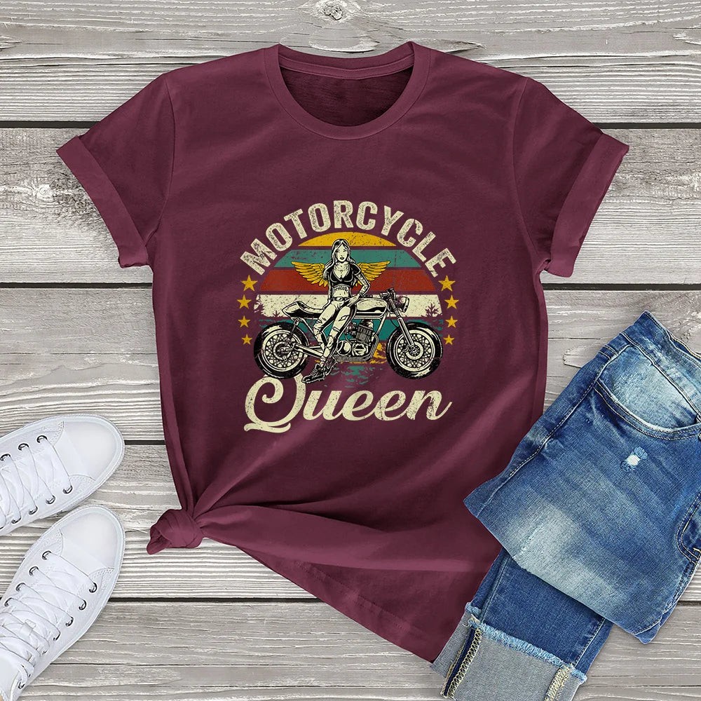 Cotton Personality Fashion Vintage Motorcycle Queen Grandma Clothing Gift Women T-Shirt Printed Unisex Tee Streetwear Burgundy