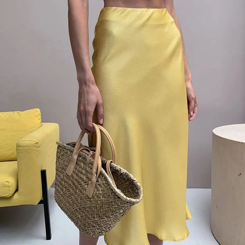 WYWM Summer High Waisted Satin Silk Skirt Women Solid 8 Color Fashion Elegant Ladies Streetwear Skirts Slim A-line Female Dress Yellow