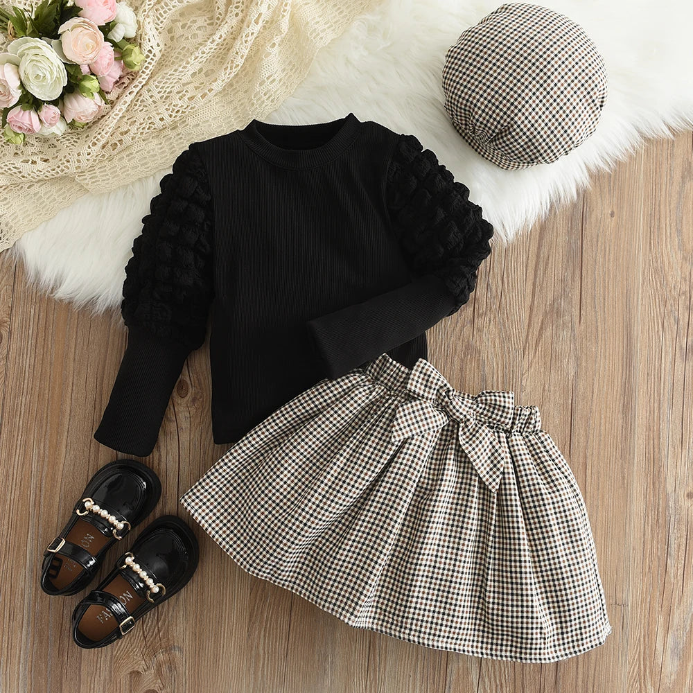 Girls' Set Autumn New Children's Round Neck Top+Bow Plaid Short Skirt+Hat Three Piece Children's Fashion Set