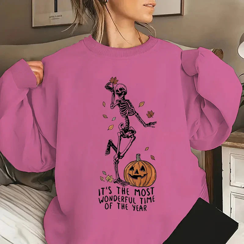 Halloween Skeleton & Pumpkin Print Sweatshirts Casual Long Sleeve Crew Neck Sweatshirt Women's Plus Size Clothing Watermelon red