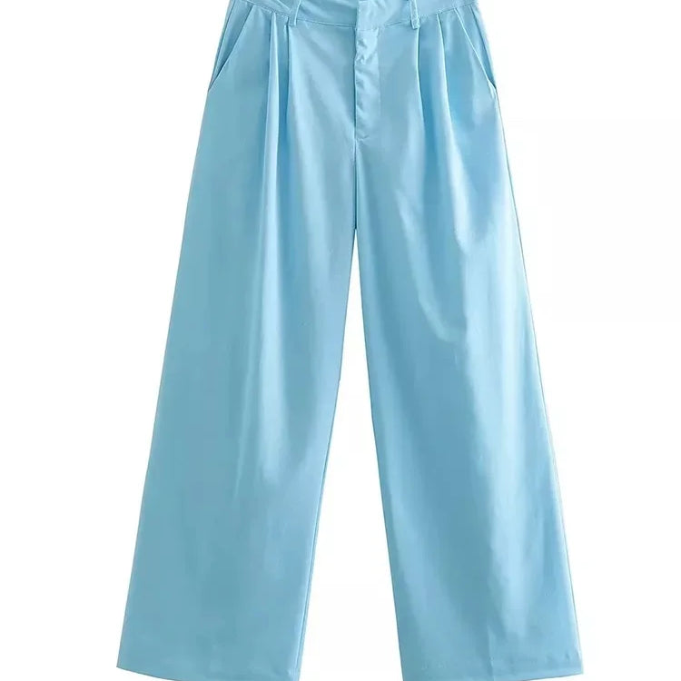 Women Blue Pants 2 Pieces Sets Fashion Linen Vest Tops+Straight Pants Office Suit Vintage Woman Two Pieces Outfit