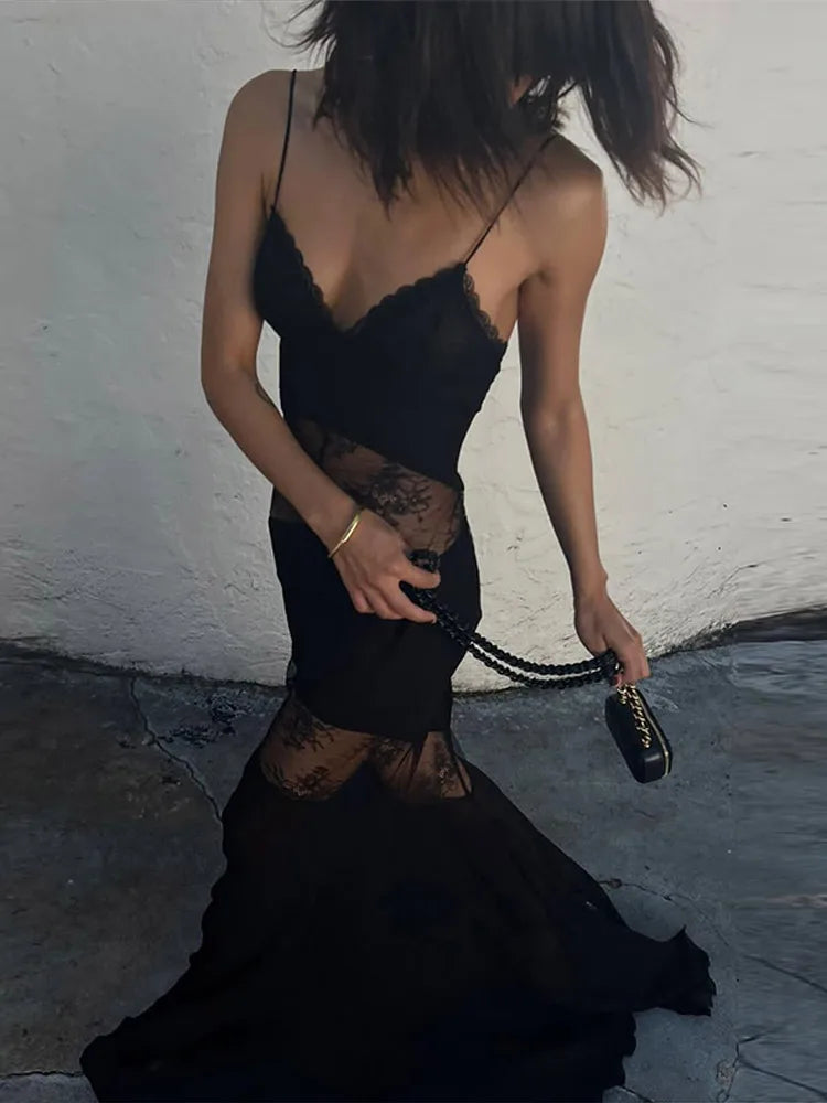 Lace See Through Sling Maxi Dress Women Sexy Slim Black Backless Sleeveless Long Dresses Female Summer Chic Party Evening Robes