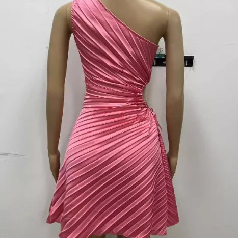 CM.YAYA Women Pleated One Shouloder Sleeveless Cutout Waist Dress 2025 Evening Sexy Club Party Evening High Street Dresses