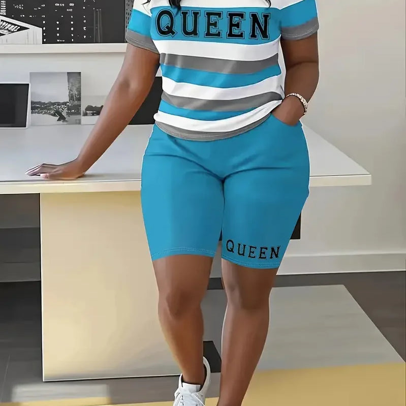 Plus Size Summer Outfits Biker Shorts Set Crew Neck Short Sleeve Positioning Printing Queen Plus Size 2 Piece Set Women