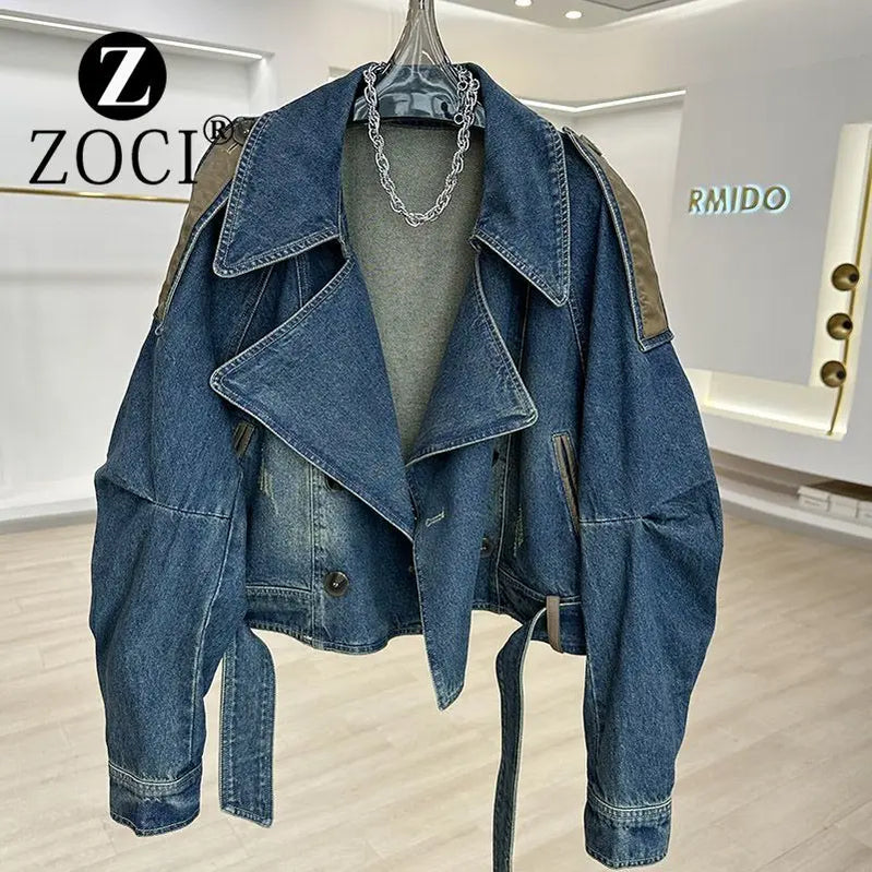 [ZOCI] Worn Leather Patchwork Denim Jacket Women A Sense Of Design Niche Casual Loose Fitting Short Westernized