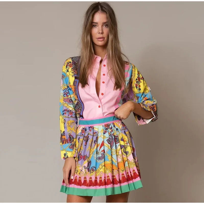 Elegant Print Short Shirt Skirts Sets Women Pink Lantern Long Sleeve Shirts Mini Pleated Female Summer Slim Ladies Suit