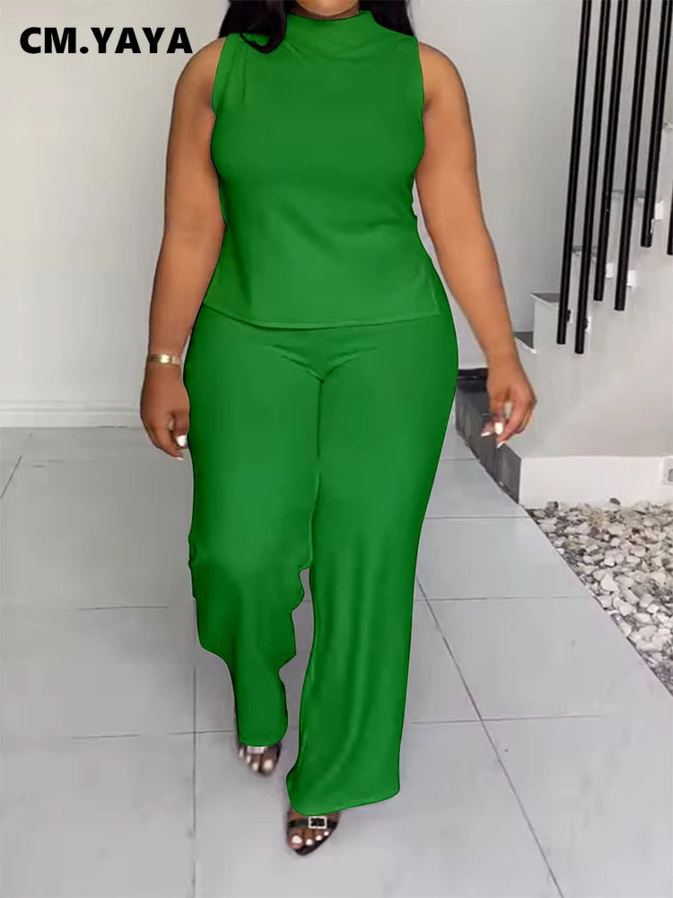 CM.YAYA Plus Size Women's Set O-neck Sleeveless T-shirt Vest and Pants Suits Sweatsuit Two 2 Piece Set Outfit Street Tracksuit