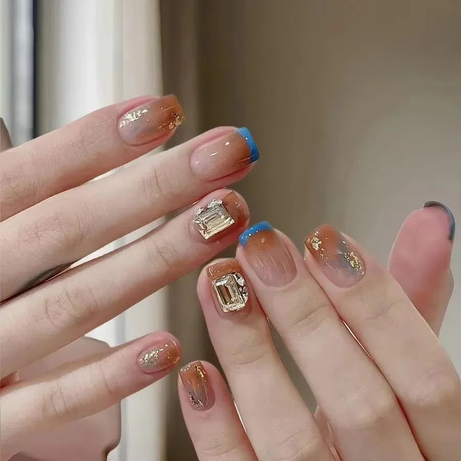 Shiny Crystal Glitter Powder Cat Eye Rhinestone Pearl Short Fake Nails Art Korean False Nails Zircon DIY Press on Nails Manicure