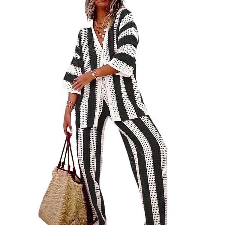 Summer Outfits for Women Vacation Hollow Out Sweater Shirt and Trouser Lady Casual Sexy Plus Size Sets 2 Piece Pants Sets Wide