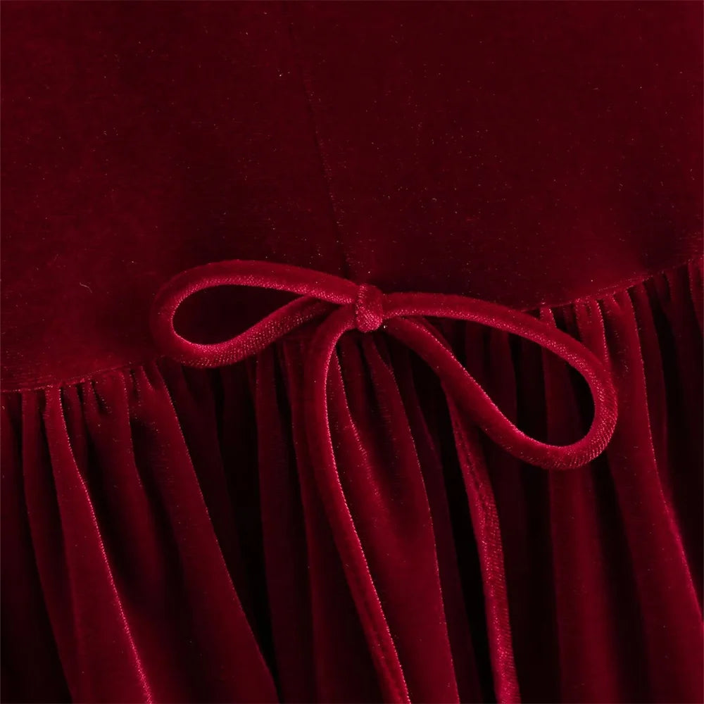UNIZERA Retro Style Bow Tie Velvet Dress Winter Round Neck Sleeveless Solid Color Slimming Short Skirt