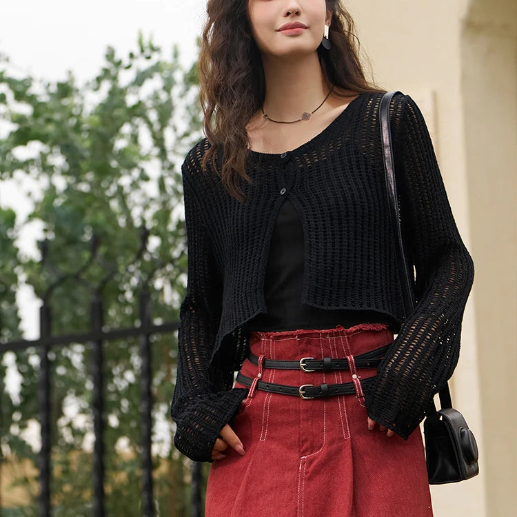 Hollow Out Knitted Cardigan Vest Two-piece Set for Women Summer Korean Sunscreen Single Breasted Sets