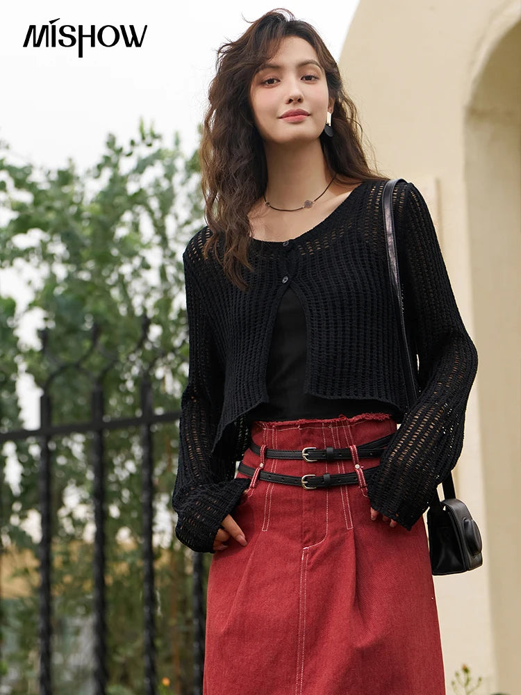 Hollow Out Knitted Cardigan Vest Two-piece Set for Women Summer Korean Sunscreen Single Breasted Sets