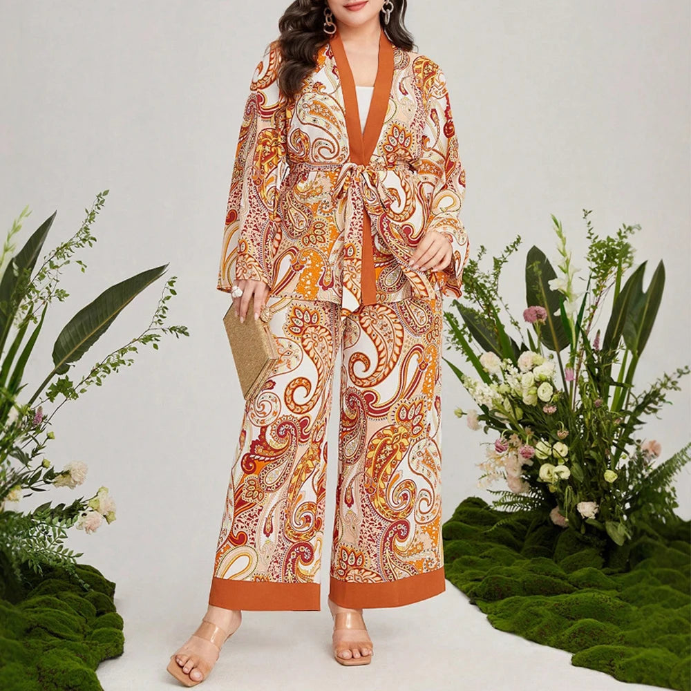 Plus Size Rafiah Women's Summer 2025 Sets Paisley Print Long Sleeve Top Wide Leg Pants Contrast Trim Retro Two Piece Sets
