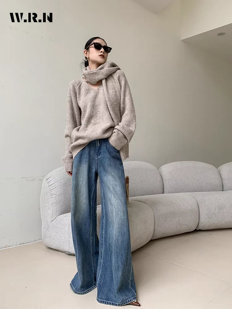 Spring Women's Casual Style Harajuku Jeans Vintage High Waist Oversized Blue Pants Y2K Wide Leg Punk Baggy Denim Trouser
