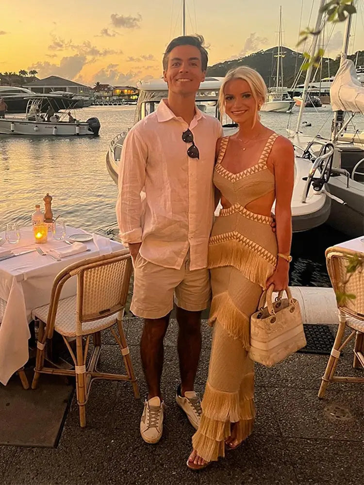 Women Chic Tassel Spaghetti Strap Long Dress Sexy Hollow Out High Waist Bodycon Vestidos Female Vacation Beach Party Robe