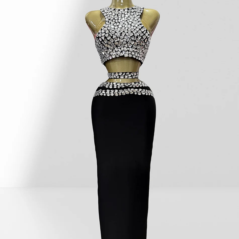 2025 Stylish Expose Wasit Woman Set Sparkling Diamonds Short Tank Top And Bandage Skirt 2 Pieces Birthday Party Vestido