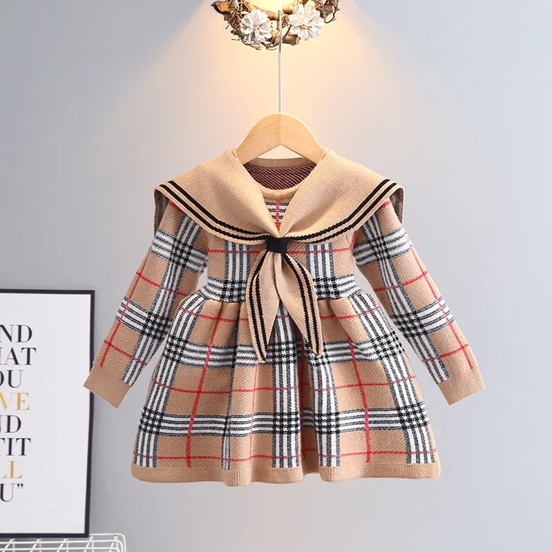 Toddler Girl Sweater Dress New Autumn Winter Warm 0-7Y Girls Plaid Knitted Sweater Dress Bow College Style Kids Clothes Beige