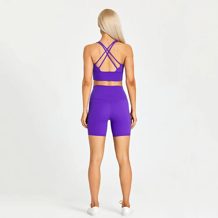 ABS LOLI Pockets Yoga Shorts Set Women Fitness Suit 2 Piece Sports Gym Wear Workout Clothes Running Sportswear Sport Outfit noble purple