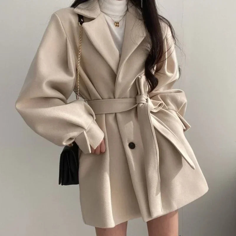 Autumn Winter Women's Thick Woolen Winter Coat Ladies Mid Length Tailored Collar Waist Band Outerwear Female Casual Clothes