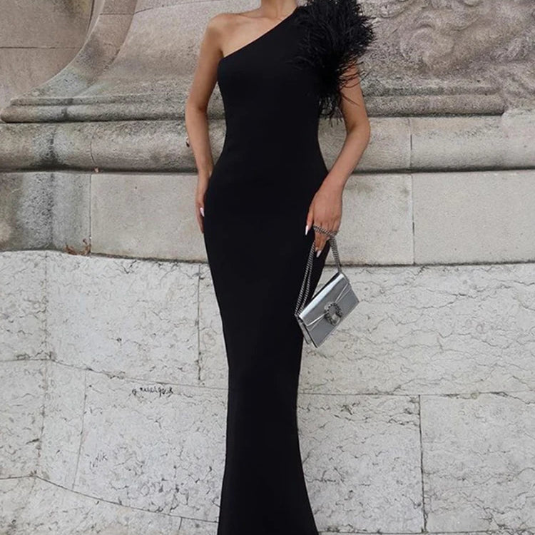 Black Sleeveless One Shoulder Feather Maxi Dress For Women Bodycon Sexy Party Elegant Long Dress Birthday Evening Outfit