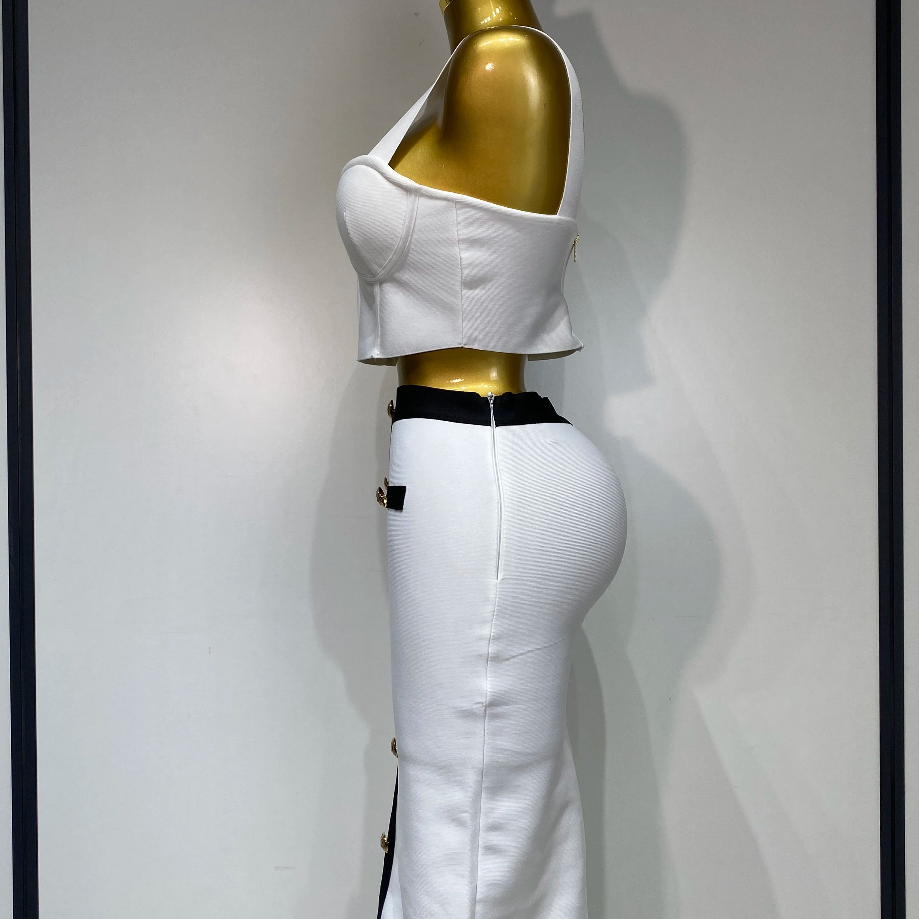 Women Button Patchwork White Black Bodycon Bandage Two Piece Set 2025 New Arrival Designer High Waist Party Club Skirt Set