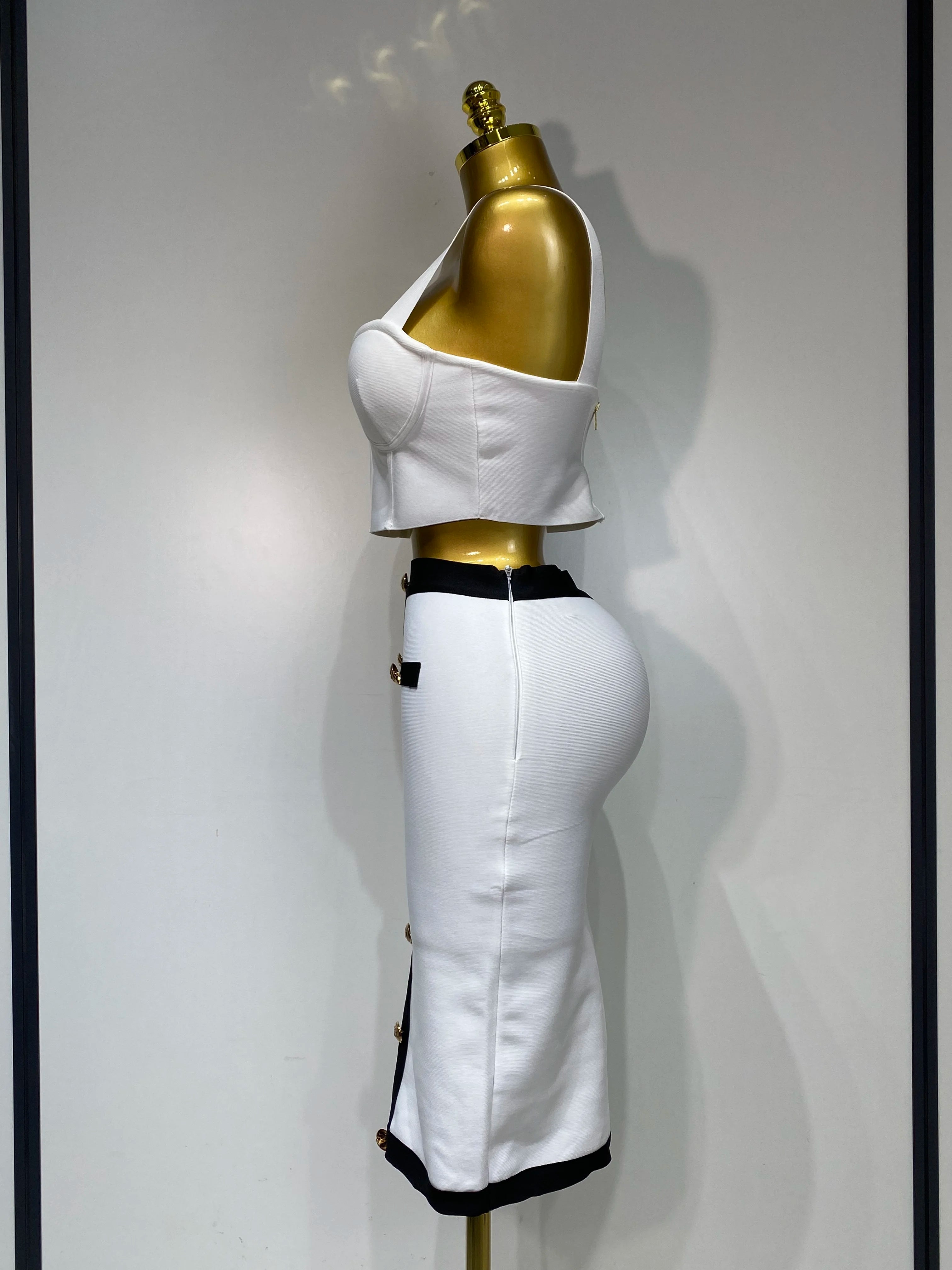 Women Button Patchwork White Black Bodycon Bandage Two Piece Set 2025 New Arrival Designer High Waist Party Club Skirt Set
