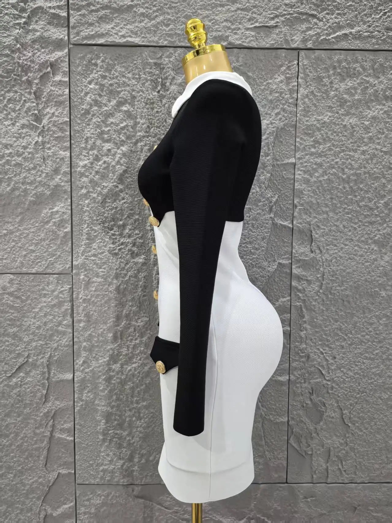 Women Long Sleeve Sexy Pacthwork Button Bodycon Mini Bandage Dress Elegant Evening Party Red Carpet Fashion Cocktail Outfit