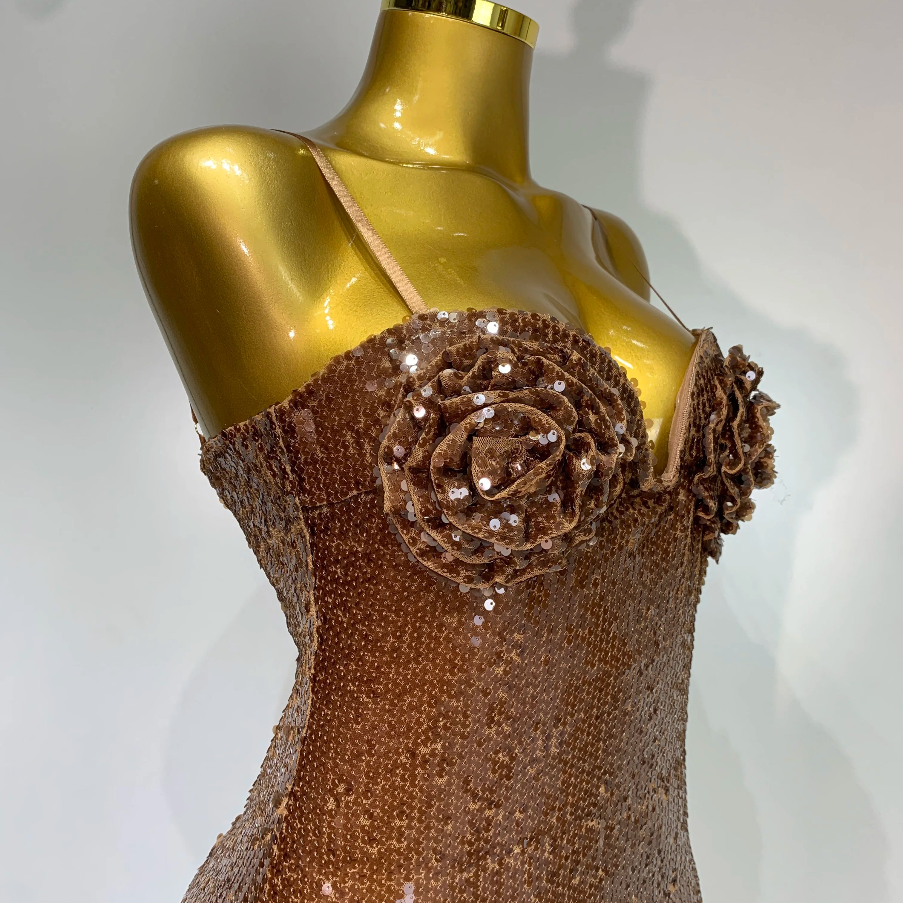 Women Luxury Sexy Sleeveless Backless Mesh Sequins Flower Brown Bodycon Maxi Dress Club Elegant Celebrity  Evening Party Dress