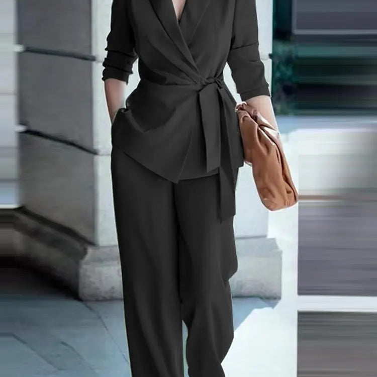 ZANZEA Elegant OL Work Suit Women Solid Blazer & Wide Leg Pant Sets Fashion 2PCS Urban Tracksuits Ladies Office Outfits Oversize black