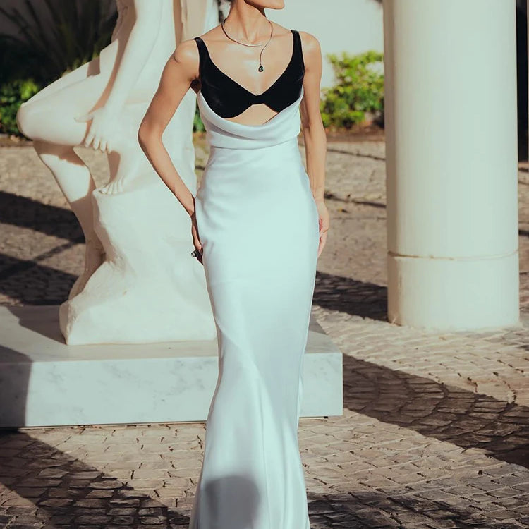VC Women Cut-out Long Dress Temperament Contrast Color Combo V Neck Suspender Backless Slit Slim Mermaid Party Evening Gowns