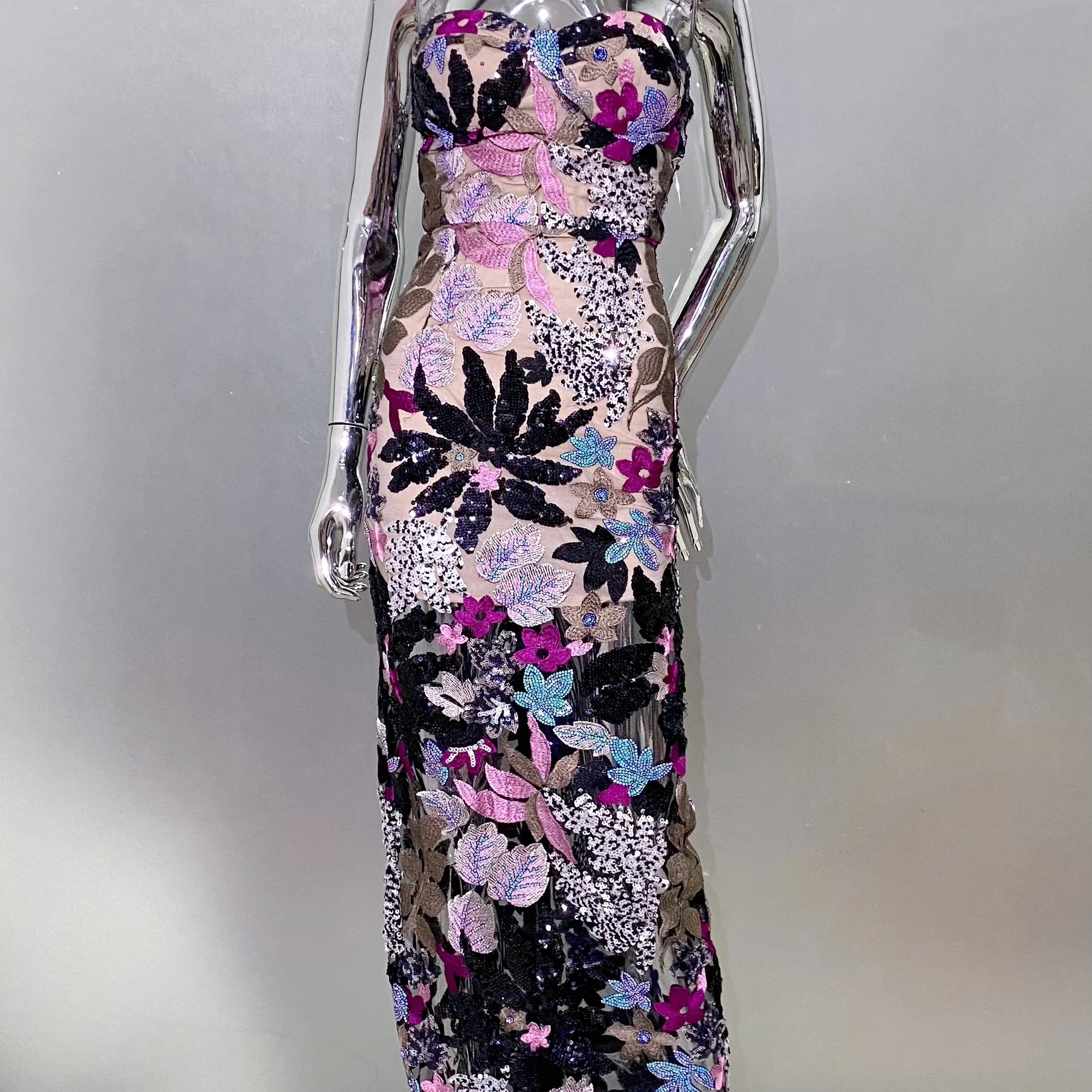 Sequin Flowers Embroidery Sexy Mesh See Through Strapless Ankle Length Dress Elegant Woman Evening Dress Celebrity Party Outfit