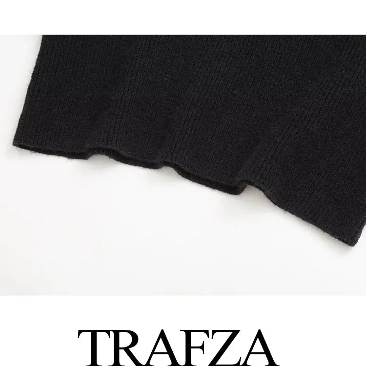 TRAFZA Women Fashion Black Spliced Cable Stitch Turtleneck Oversize Pullover Female Casual Long Sleeve Loose Sweater Vintage Top